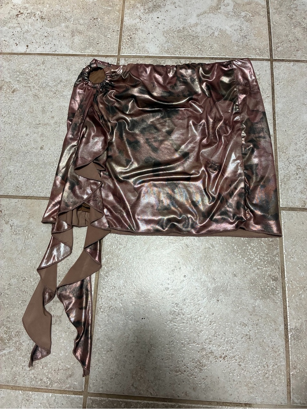 Windsor Metallic Rose-Brown Asymmetric Mini Skirt with Ruffle Detail